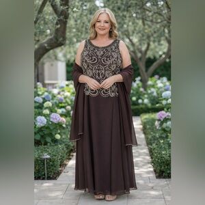 David's Bridal Brown Formal Dress with Gold and Cream Beading